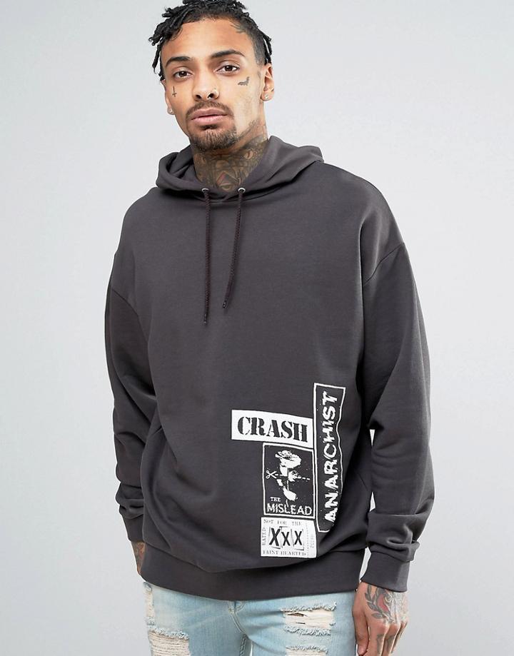 Asos Oversized Hoodie In Washed Black With Text Print - Black