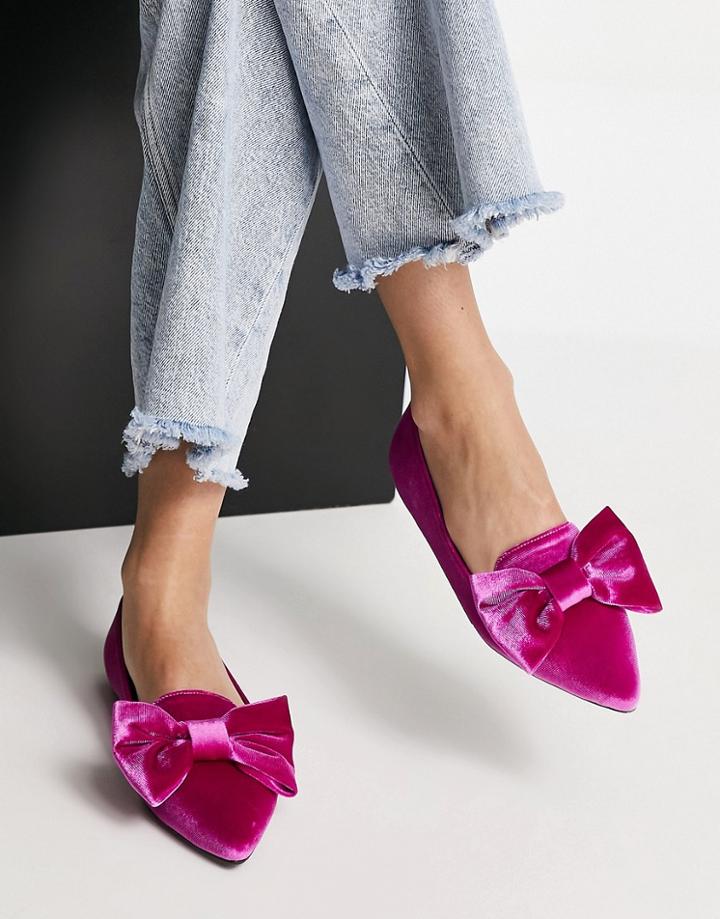Asos Design Lake Bow Pointed Ballet Flats In Pink Velvet