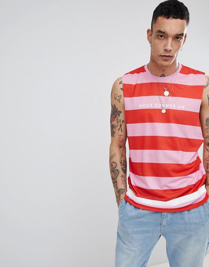 Asos Design Sleeveless T-shirt With Dropped Armhole With Stripe And French Text Print-pink