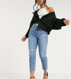 New Look Petite Ripped Mom Jeans In Mid Blue-blues