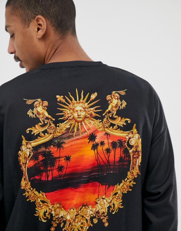 Asos Design Oversized Fit Long Sleeve T-shirt With Sun And Cherub Back Print - Black