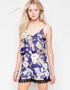 Daisy Street Romper In Tropical Floral Print With Crochet Hem - Blue