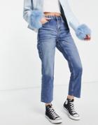 Topshop Straight Cotton Jeans With Raw Hems In Mid Blue
