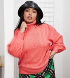 Violet Romance Plus Roll Neck Cable Knit Oversized Sweater In Orange