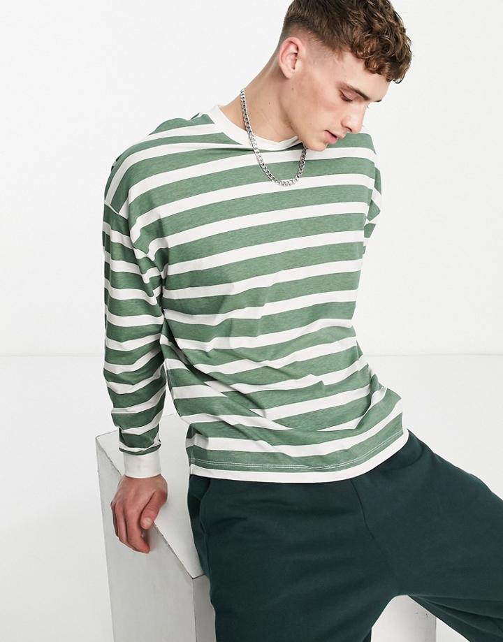 Asos Design Oversized Stripe T-shirt In Green And White With Notch Neck