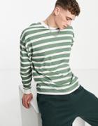 Asos Design Oversized Stripe T-shirt In Green And White With Notch Neck