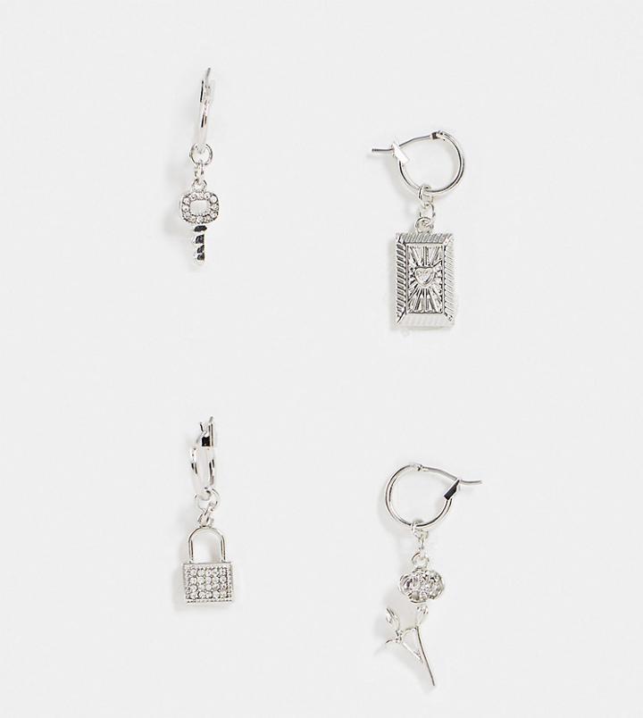 Reclaimed Vintage Inspired Unisex Single Drop Earrings With Charms In Silver 4 Pack