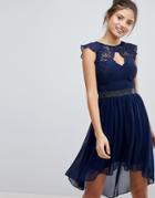 Lipsy Chiffon Skater Dress With Embellished Waistline - Navy