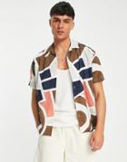 Jack & Jones Premium Abstract Print Camp Collar Short Sleeve Shirt In Brown