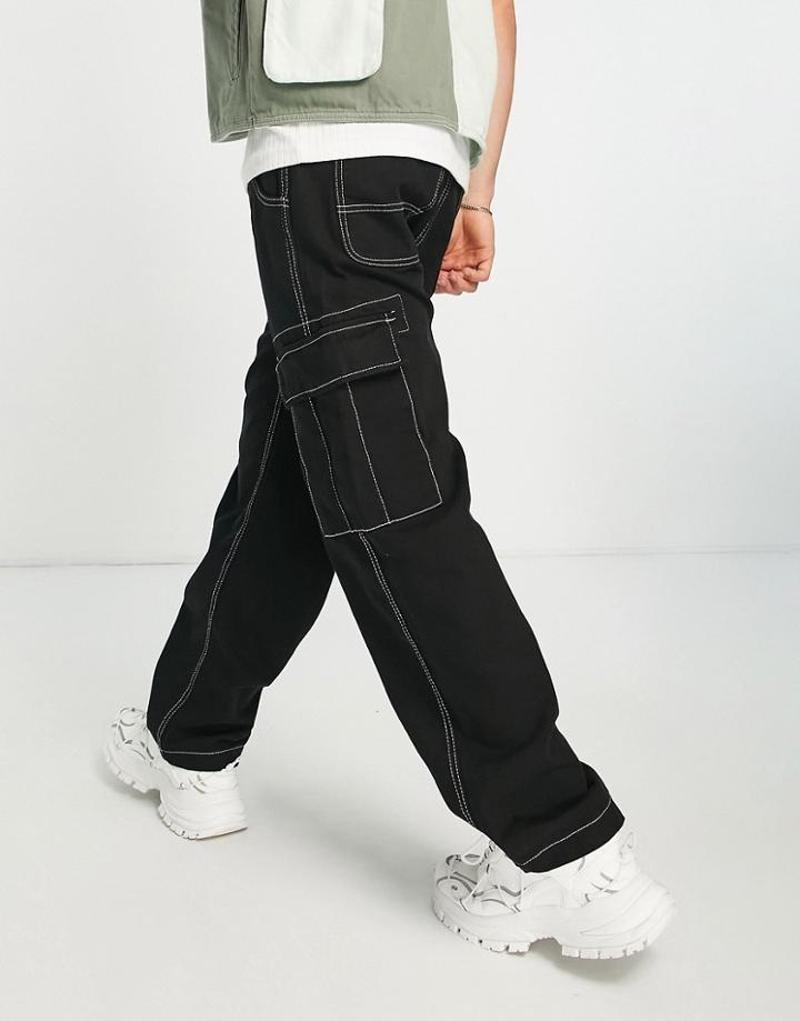 Bershka Contrast Stitch Wide Fit Cargo Pants In Black