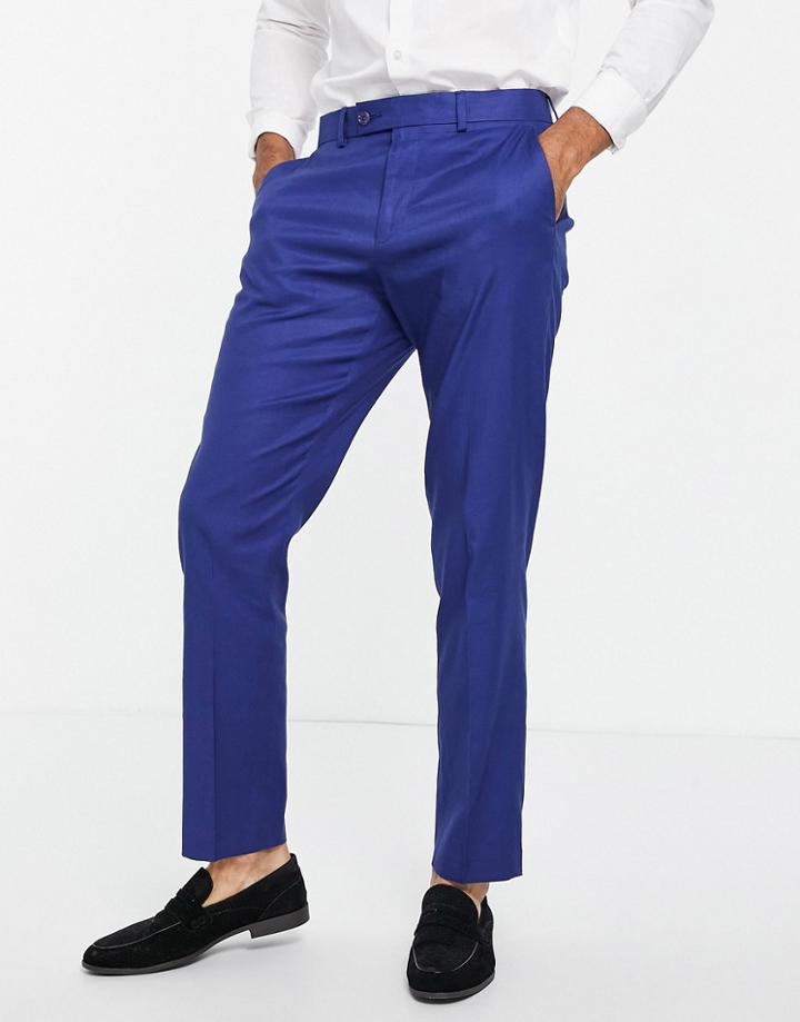 Asos Design Wedding Slim Suit Pants In Navy Cotton Linen