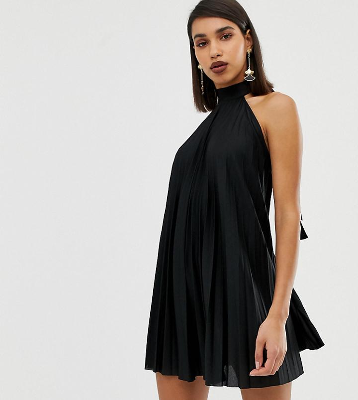 Asos Design Backless Halter Pleated Mini Dress - Black