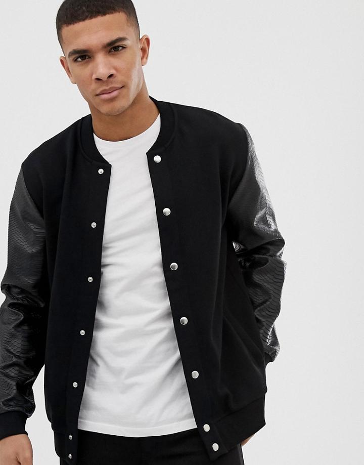 Asos Design Bomber Jacket With Contrast Textured Snake Skin Sleeves In Black - Black