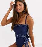 Peek & Beau Fuller Bust Exclusive Eco Ruffle Swimsuit With Contrast Belt In Navy Polka Dot D-f