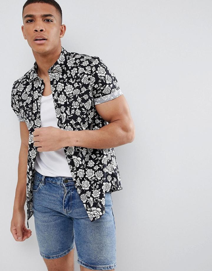 Asos Design Stretch Slim Western Shirt With Revere Collar - Black