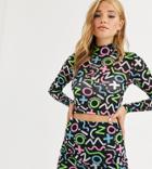 Life Is Beautiful Long Sleeve Crop Top In Printed Mesh Two-piece-black