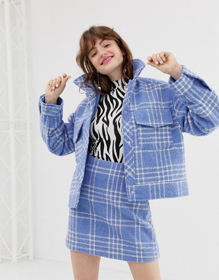 Monki Short Boucle Trucker Jacket With Check Print In Light Blue - Blue
