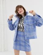 Monki Short Boucle Trucker Jacket With Check Print In Light Blue - Blue