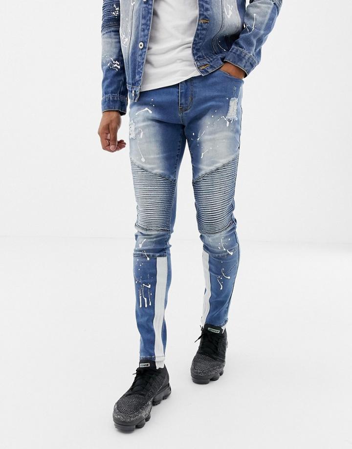 Liquor N Poker Skinny Biker Jeans With Paint Splatter In Blue Wash - Blue