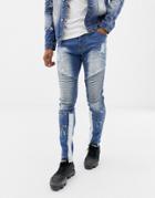 Liquor N Poker Skinny Biker Jeans With Paint Splatter In Blue Wash - Blue
