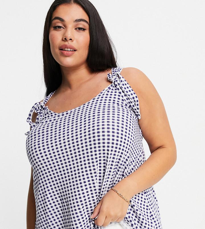 Yours Tie Shoulder Cami Top In Blue Gingham Check-blues