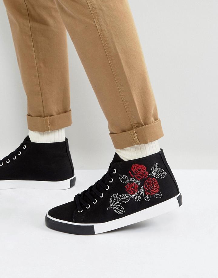 Asos Mid Top Sneakers In Black With Rose Embroidery - Black