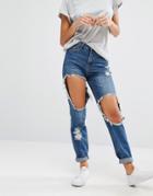 Missguided Riot High Rise Destroyed Mom Jean - Blue