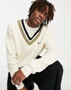 Fred Perry Striped V Neck Sweater In Ecru-white