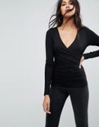 Asos Long Sleeved Wrap Front Top - Black