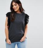 Asos Curve T-shirt With Lace Shoulder Ruffle - Multi