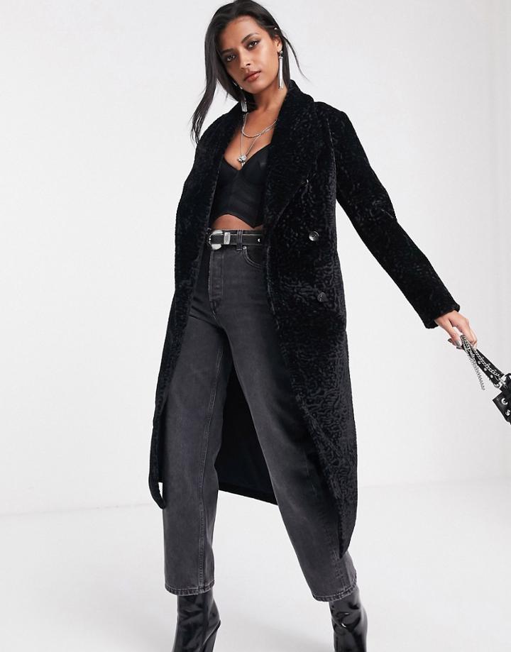 Religion Longline Faux Fur Belted Coat In Jaguar