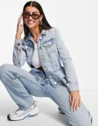 River Island Ruffle Hem Denim Jacket In Light Blue-blues