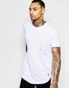 Asos Longline T-shirt With Distressing And Raw Edges - White