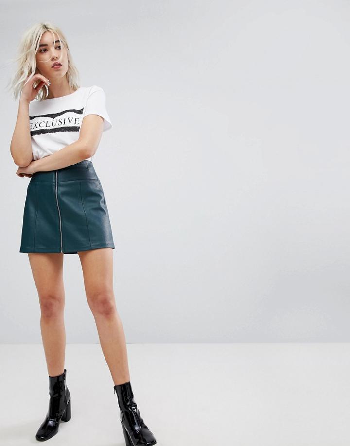 Bershka Zip Front Leather Look Mini Skirt - Green