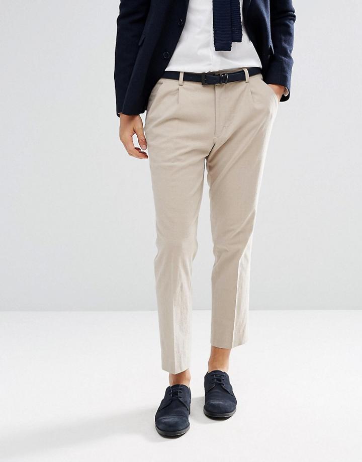 Asos Wedding Skinny Crop Smart Pants In Stone Textured Linen Blend - Stone