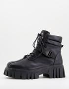 Public Desire Man Kash Lace Up Buckle Hiker Boots In Black