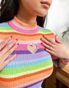 Minga London Fitted Ribbed Long Sleeve Top In Rainbow Stripe With Heart Cut Out-multi