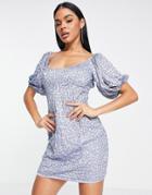 Asos Design Embellished Mini Dress With Puff Sleeve Detail In Smokey Blue-multi