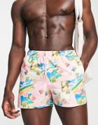 Asos Design Swim Shorts In Postcard Print Short Length-pink