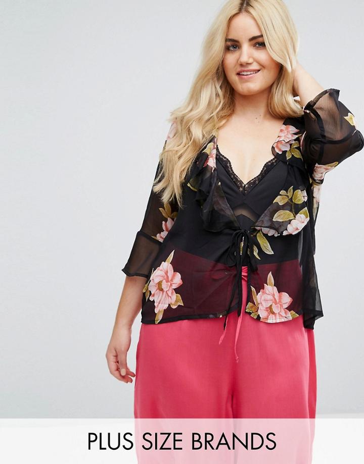 New Look Plus Floral Tie Front Kimono T-shirt - Multi