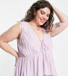 Asos Design Curve Crinkle Cami With Lace Up Front And Peplum Hem In Lilac-purple