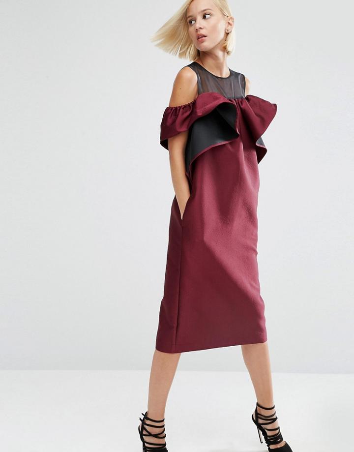 Asos White Off Shoulder Dress With Organza Panel - Red
