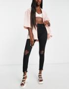 Abercrombie & Fitch Black Knee Slit High Rise Ankle Grazer Jeans In Black Destroy
