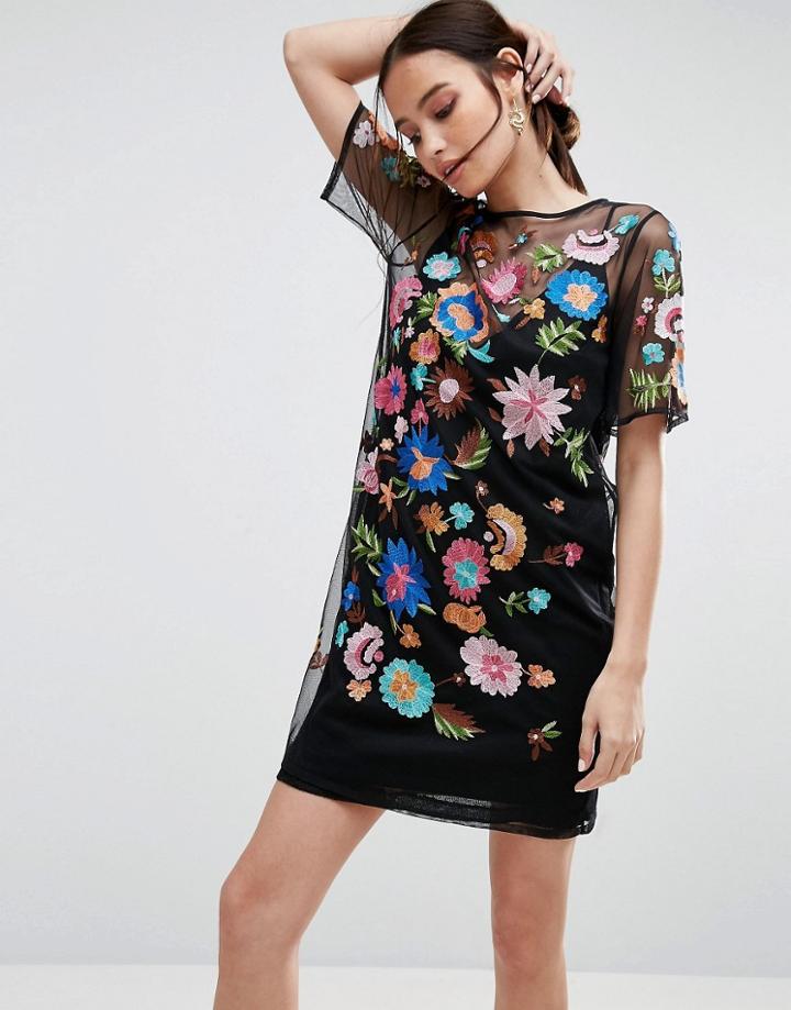 Asos Premium Mini T-shirt Dress In Pretty Embroidered Mesh - Black