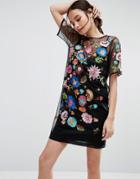 Asos Premium Mini T-shirt Dress In Pretty Embroidered Mesh - Black