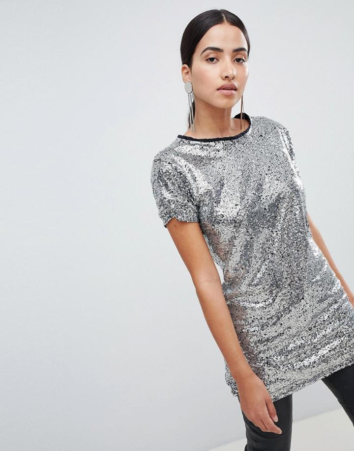 Lasula Sequin Longline T-shirt - Pink