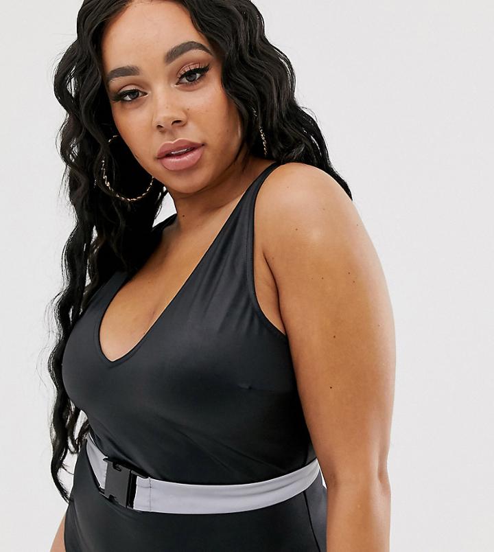 Asos Design Curve V Front Swimsuit In Shiny Black With Reflective Buckle Belt