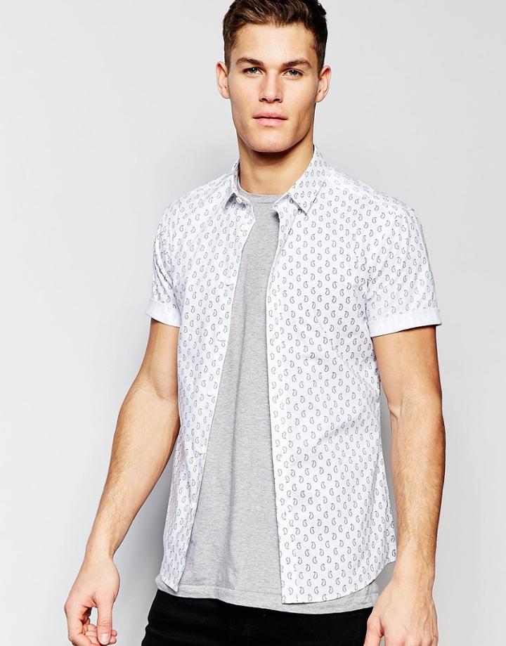 Asos Skinny Shirt In White With Paisely Print And Short Sleeves - White