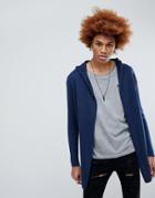 Asos Knitted Hooded Cardigan With Curved Hem In Navy - Navy