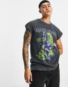 Topman Oversized Tank Top With Iron Maiden Print In Washed Black